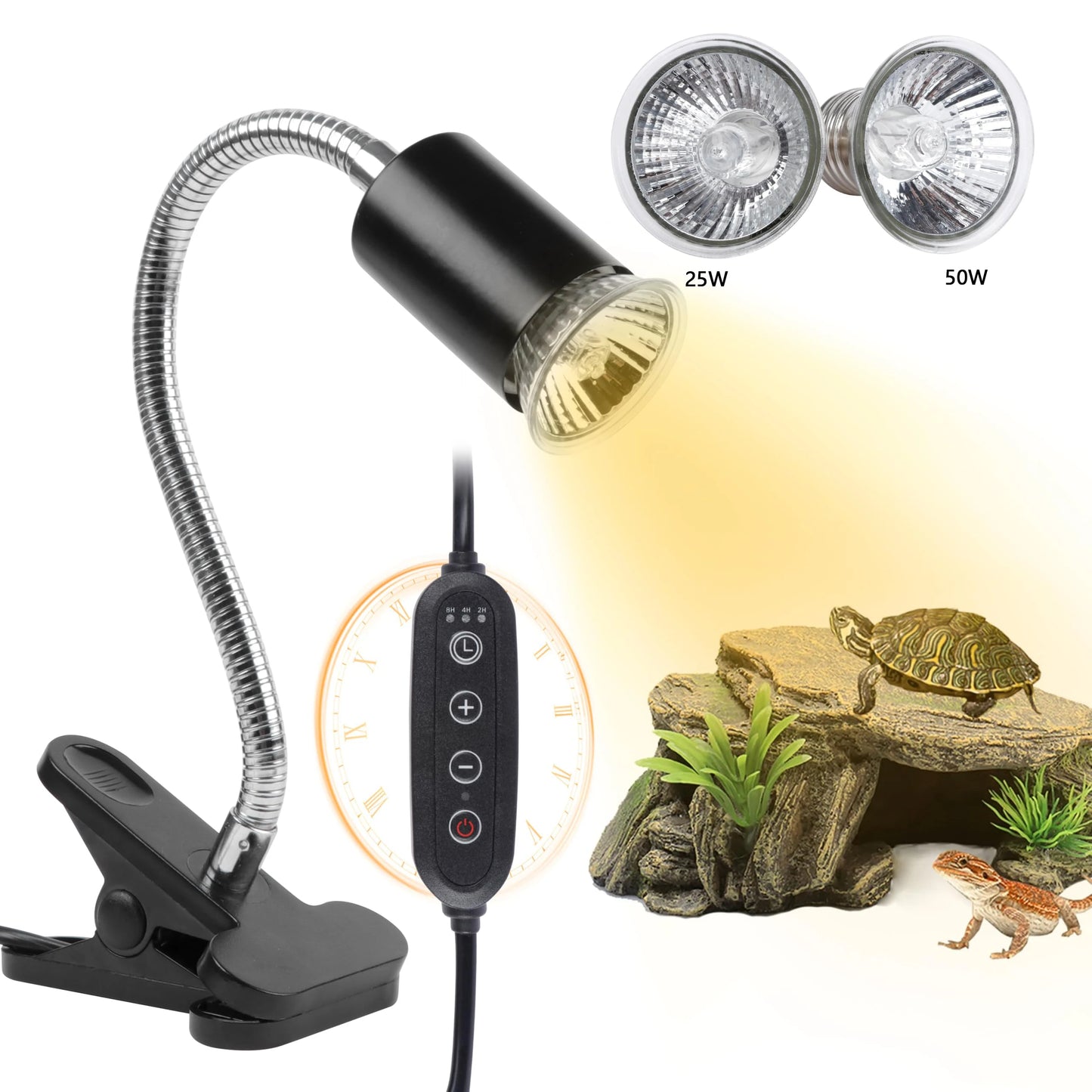 Reptile Heat Lamp Double-Head Heat Lamp with Clamp UVA UVB Reptile Light with Intelligent Cycle Timer with 2 Bulbs 25W+50W