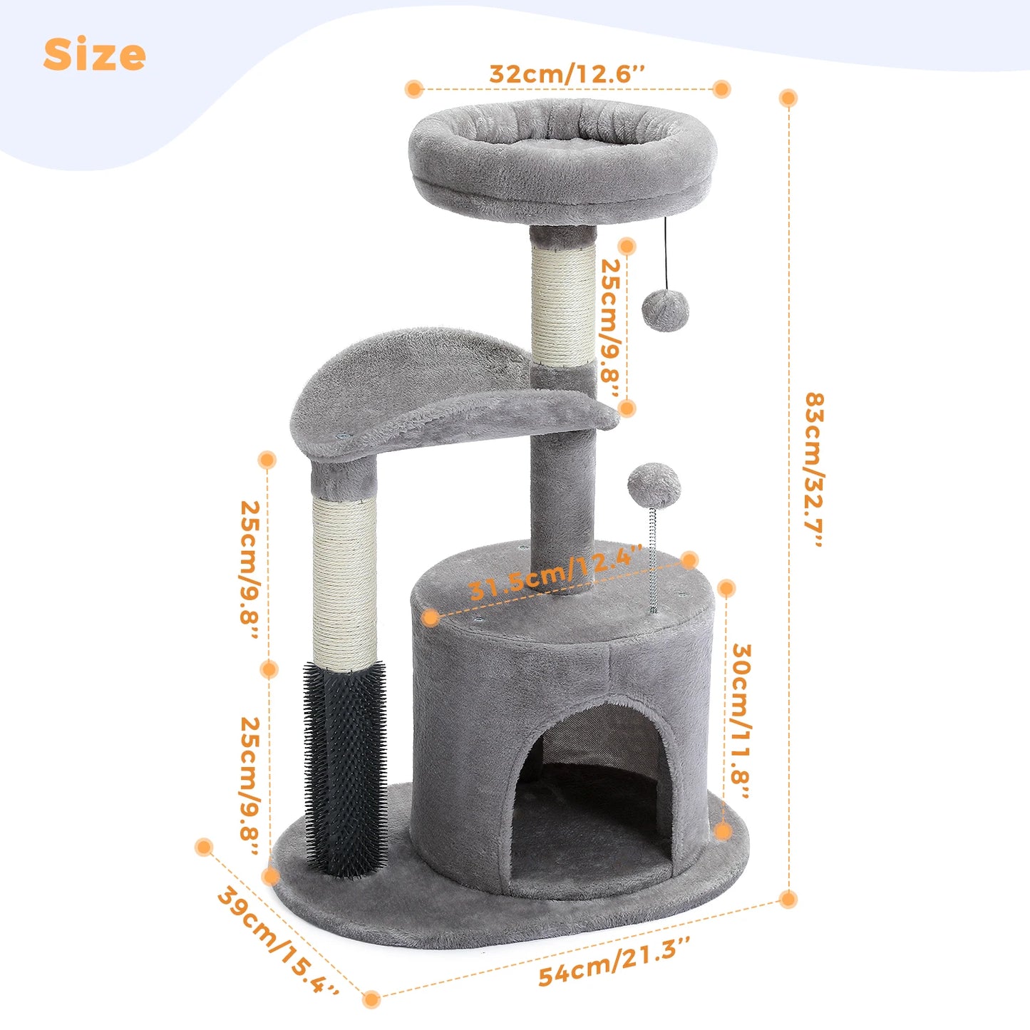 Small Cat Tree for Indoor Cats, Medium Cat Tower with Interactive Cat Toy, 32.7" Cat Condo with Self Groomer Brush