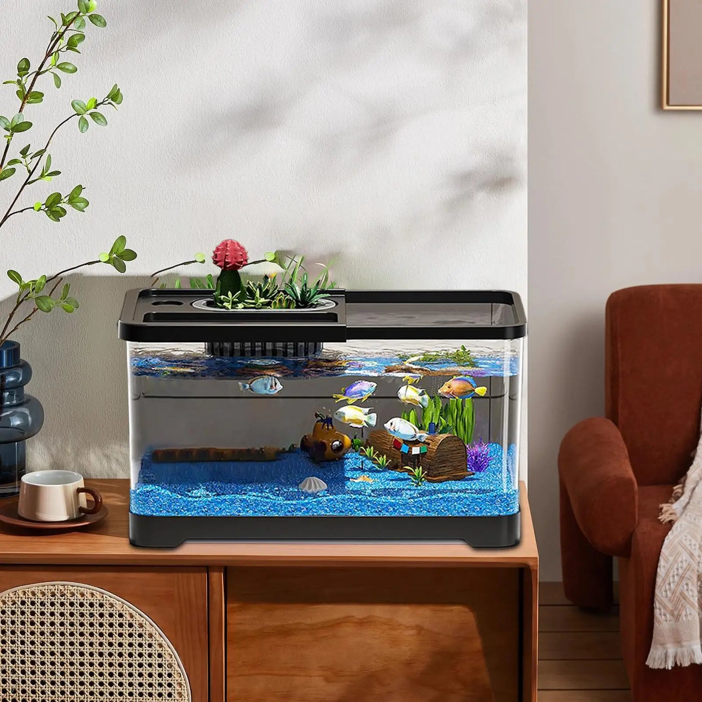 Small Aquarium Kit LED Fish Tank Kit With Decoration Accessories Dust-proof Underwater Landscape Decoration for Desktop Living