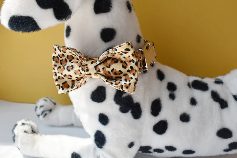 Leopard Print Bow Tie Dog Collar For Small Medium Large Dogs Custom Collars Engraved Nameplate Pet Supplies Necklace Animal 01