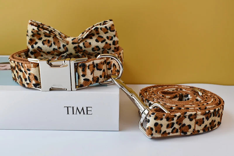 Leopard Print Bow Tie Dog Collar For Small Medium Large Dogs Custom Collars Engraved Nameplate Pet Supplies Necklace Animal 01