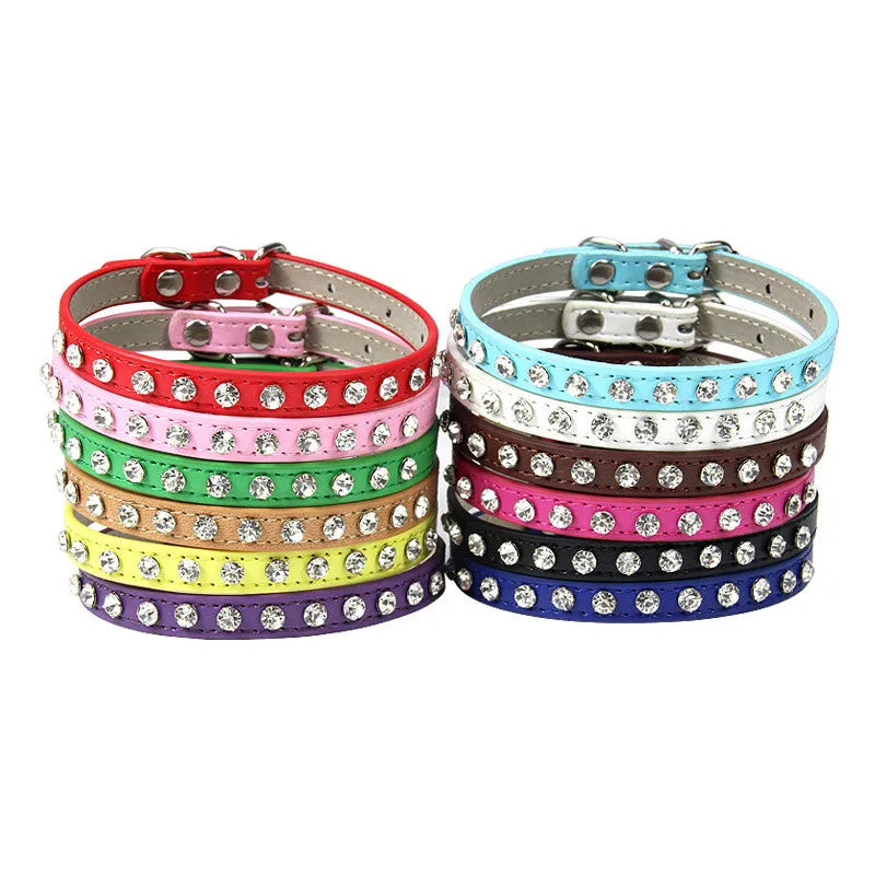 12 Colors Bling Rhinestone PU Leather Collar for Dog Cat Pet Accessories Crystal Diamond Dog Collar and Leash for Small Dogs