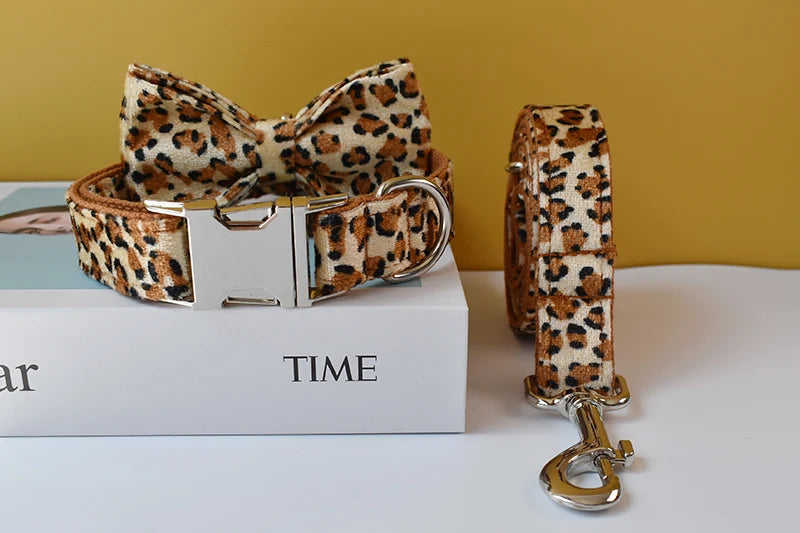 Leopard Print Bow Tie Dog Collar For Small Medium Large Dogs Custom Collars Engraved Nameplate Pet Supplies Necklace Animal 01