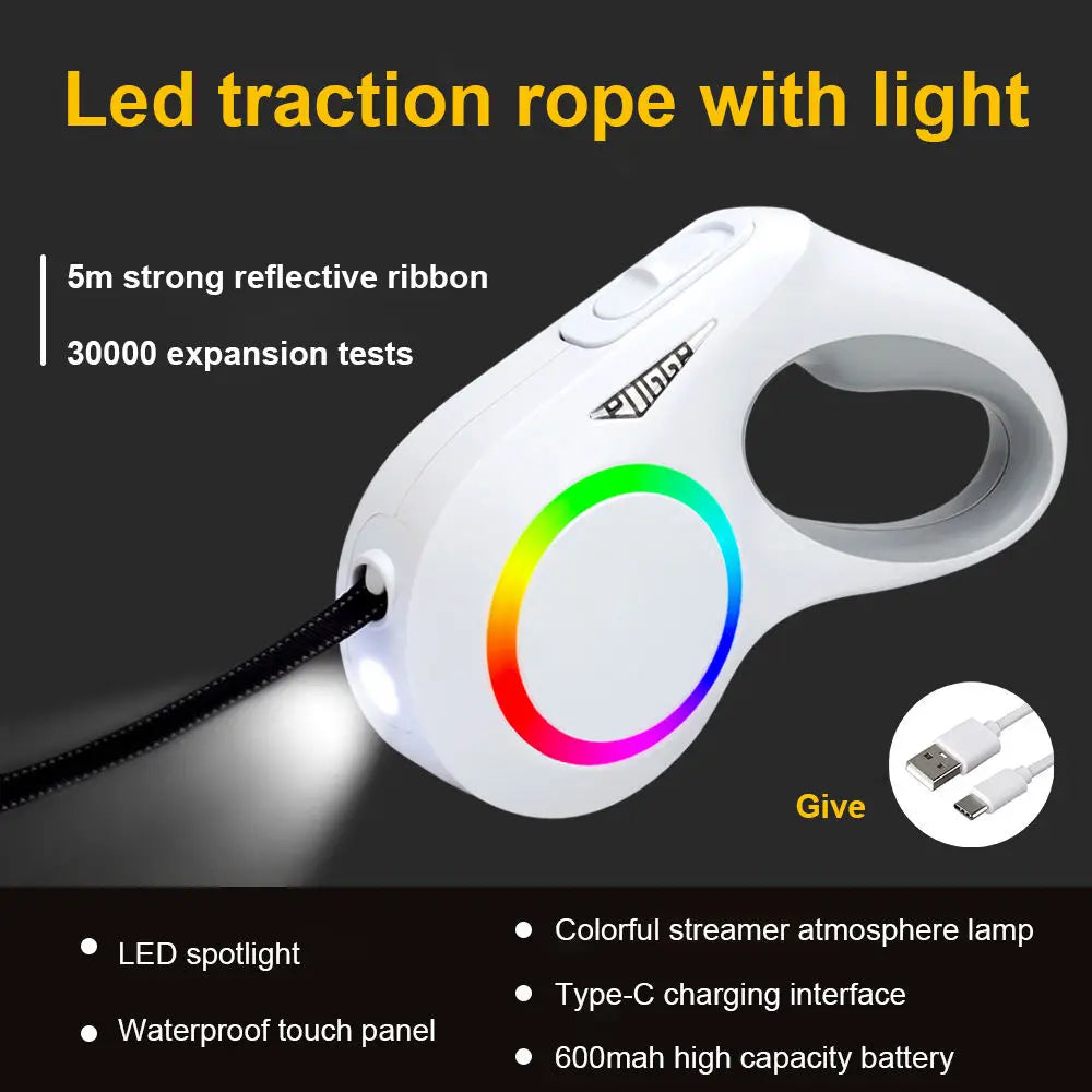 LED Light Dog Leash Auto Scaling Dog Walking Pet Accessories USB Charge Night Walking 5m