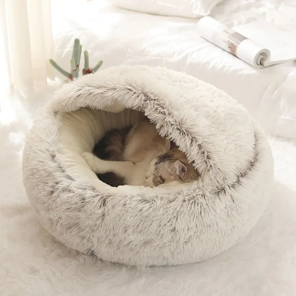 Soft Warm Long Plush Pet Bed Enclosed Round Cat Cushion Comfortable Sleep Bag Cat Nest Kennel for Small Pet Cat Nest