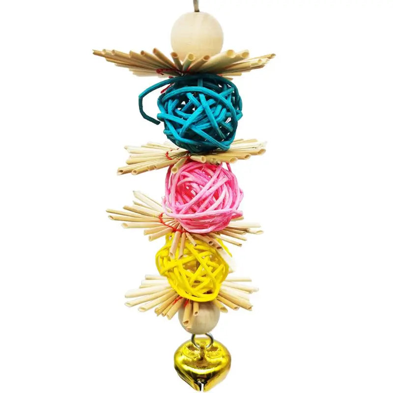 Moonbiffy Hanging Parrot Chew Toy With Bell Rattan Grass Cage Enrichment Colorful Fun
