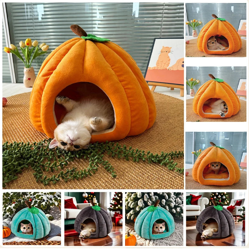 3D Pumpkin Pet House Semi-enclosed Removable Bottom Non-slip Soft PP Cotton Winter Cat House Tent For Pet Mat Washable Cave
