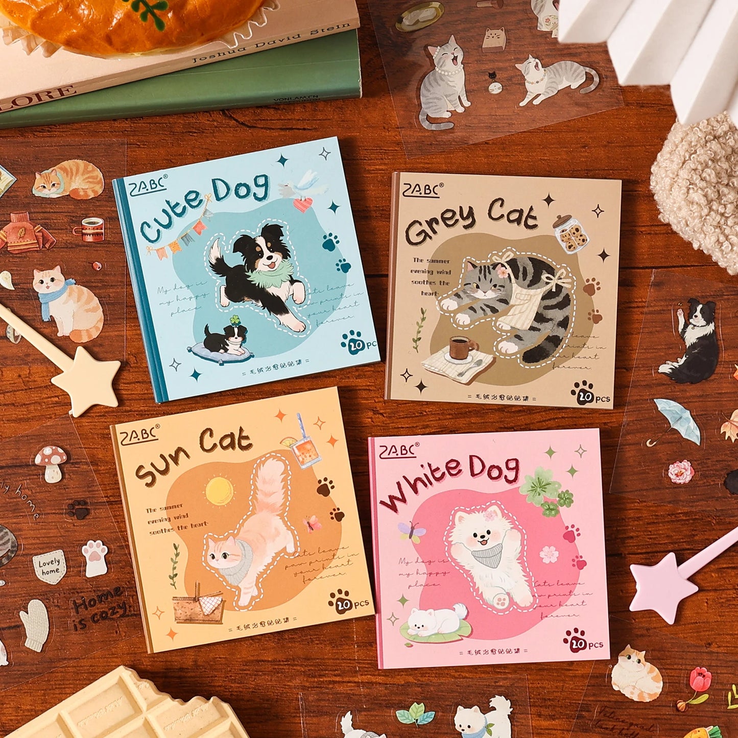 20sheets Kawaii PET die-cutting sticker book Fun cat and dog cartoon stickers DIY diary scrapbook Cute stationery stickers