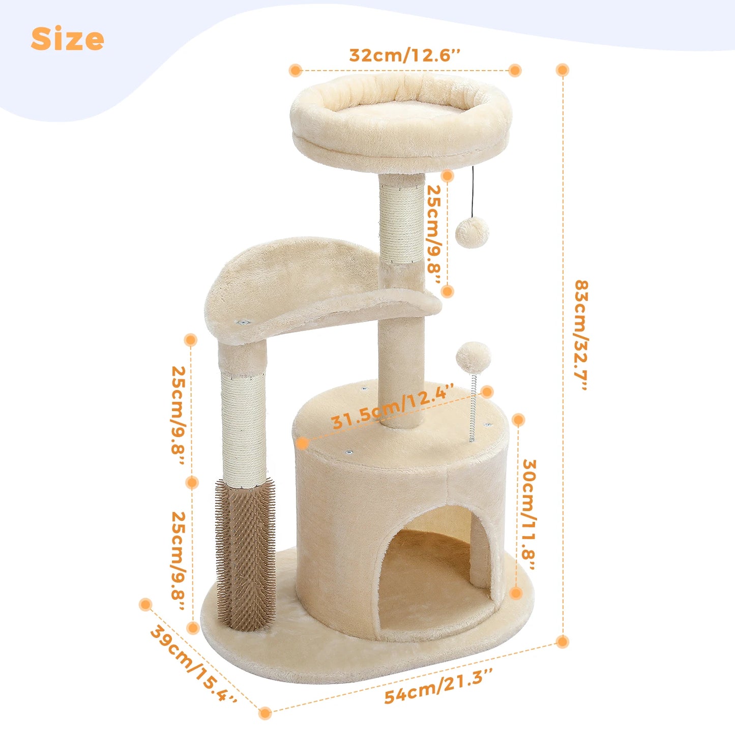 Small Cat Tree for Indoor Cats, Medium Cat Tower with Interactive Cat Toy, 32.7" Cat Condo with Self Groomer Brush