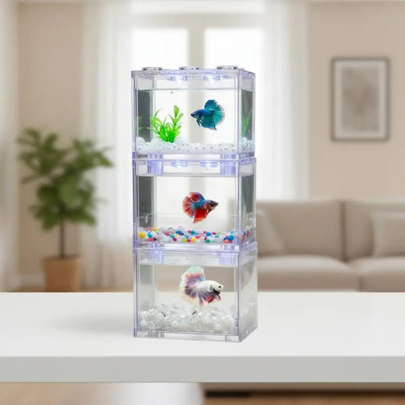 [F] Aquarium Mini Acrylic Fish Tank Reptile Pet Box Stackable Aquarium Cylinder Landscape Seaweed For Home Office Decoration