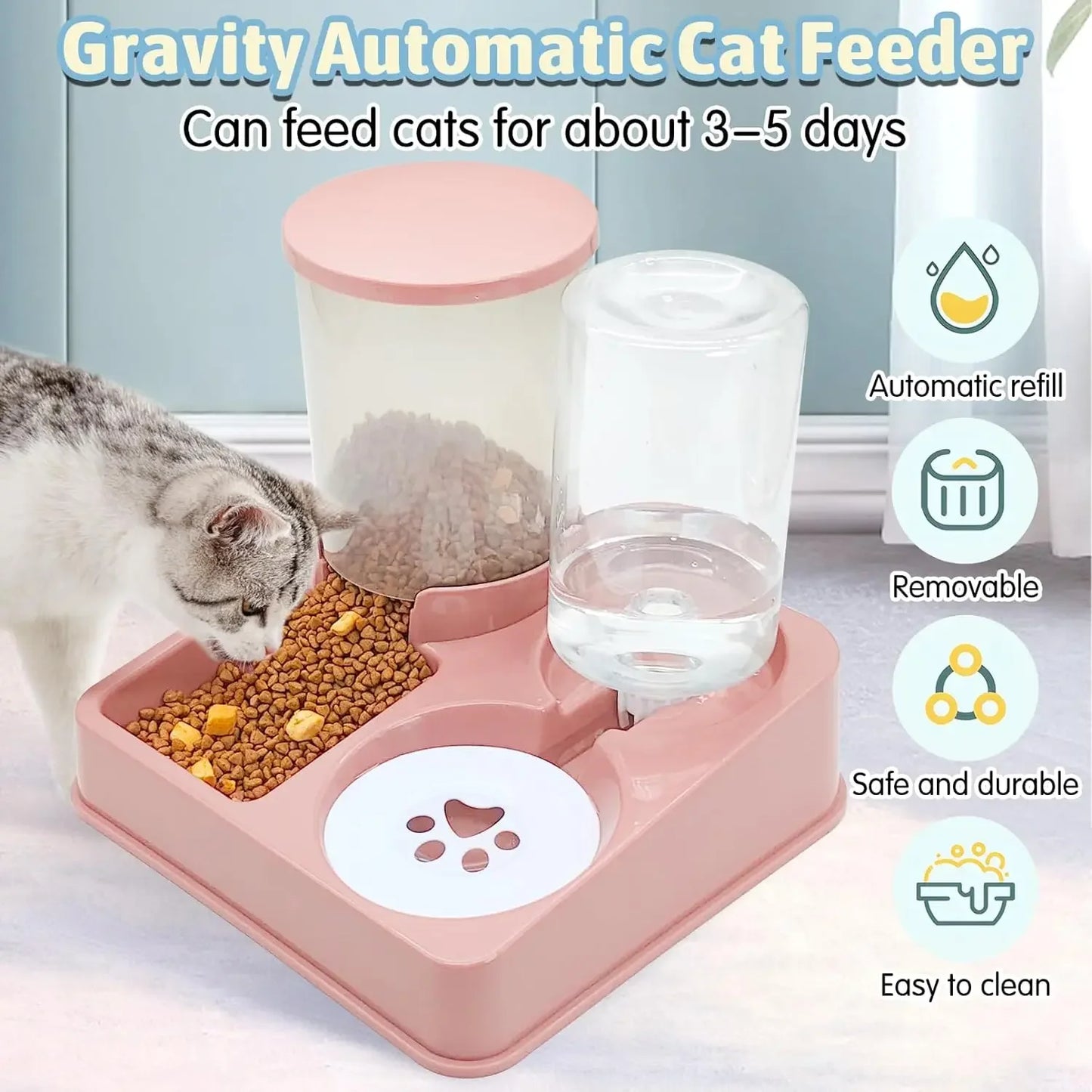 PawMate Automatic Cat Feeder And Water Dispenser Set - 2 In 1 Tilted Gravity Feeder And Waterer