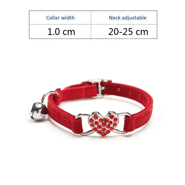 Soft Comfortable Plush Cat Collar Faux Diamond Heart Elastic Rubber Design with Bell Breakaway Safety Essential Pet Accessary