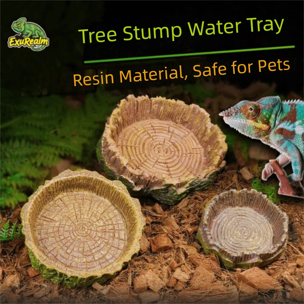 New Resin Reptile Feeder Bowl Stump Shallow Design Water Pot Durable Pet Reptile Bowl Reptile Supplies