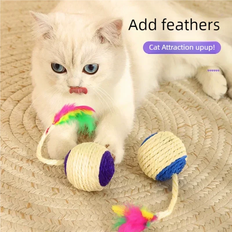 Interactive Cat Toy Sisal Scratching Ball With Feather For Chewing Grinding Teeth Training Durable Pet Toy Accessories Suitable