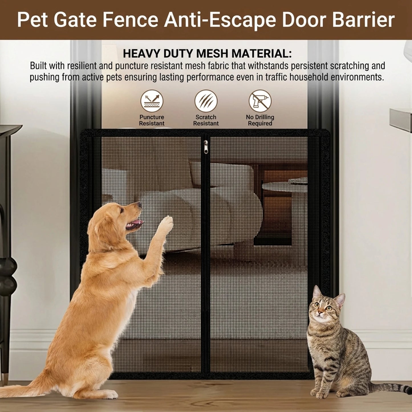 Pet Gate Fence No Drilling Mesh Barrier Anti Escape Door Guard for Cats and Dogs Durable Scratch Proof for Kitchen Stairs