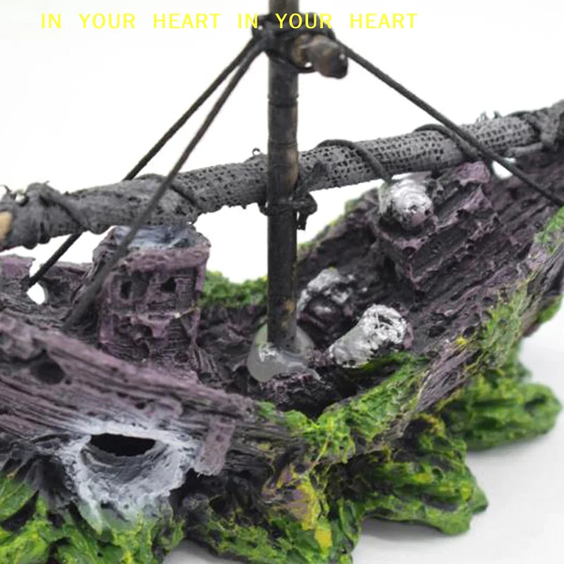 【X】Aquarium Ornament Wreck Sunk Ship Sailing Boat Destroyer Fish Tank Cave Decor