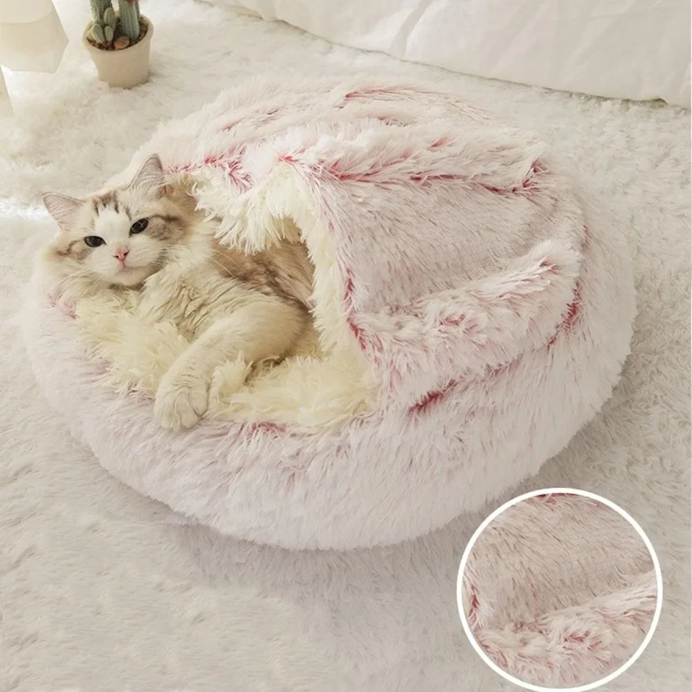 Soft Warm Long Plush Pet Bed Enclosed Round Cat Cushion Comfortable Sleep Bag Cat Nest Kennel for Small Pet Cat Nest