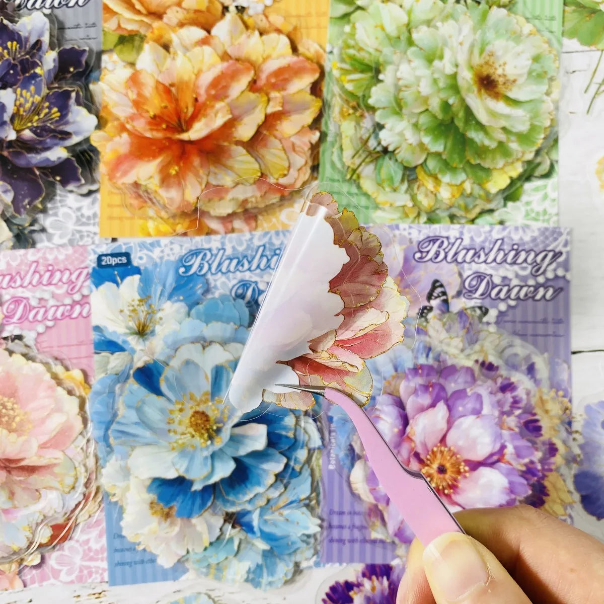 20pcs Flower Stickers for Scrapbooking, DIY Craft Materials, Pre-Cut Transparent PET Material Junk Journal Stickers