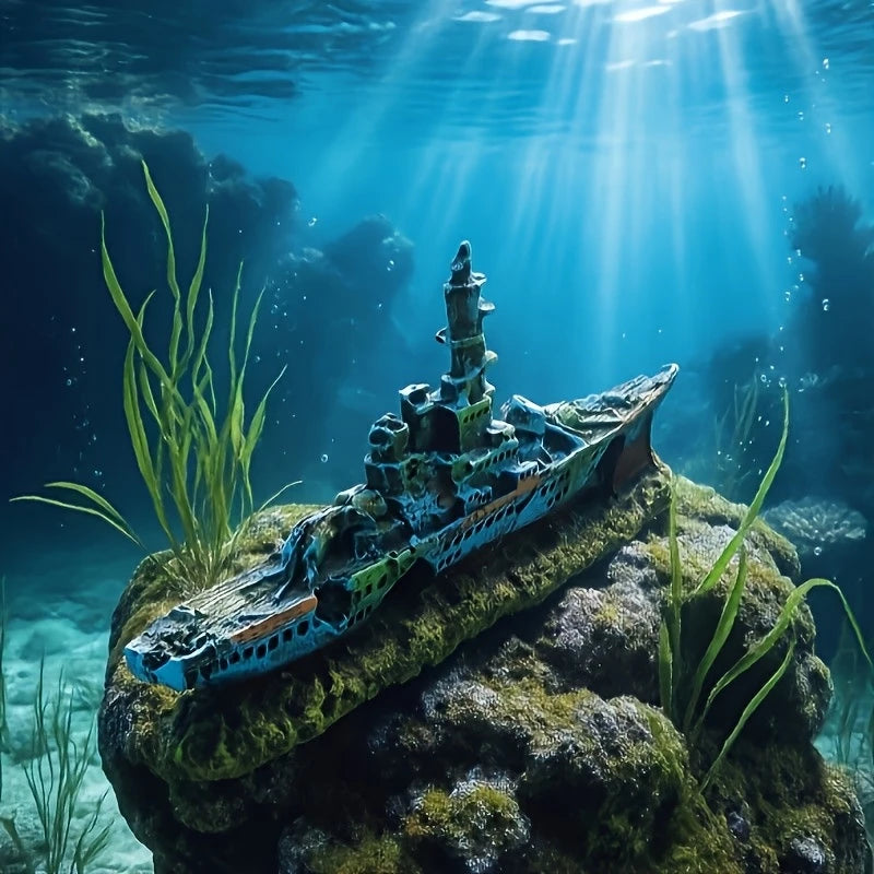 Aquarium Decoration Shipwreck Landscape with Textured Rock Design - Fish Habitat, Solid Structure Suitable for Aquatic Pets