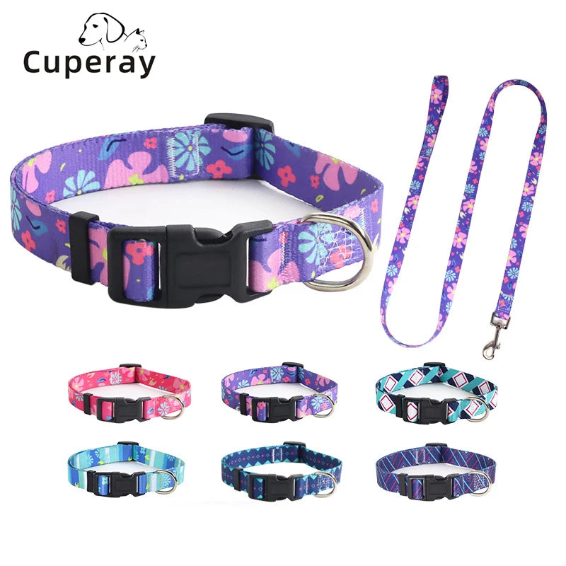 Colorful Printed Pet Collar Adjustable Dog Collar & Leashes Small Medium Dog Leash with Metal D Ring for Cat and Dog Accessories