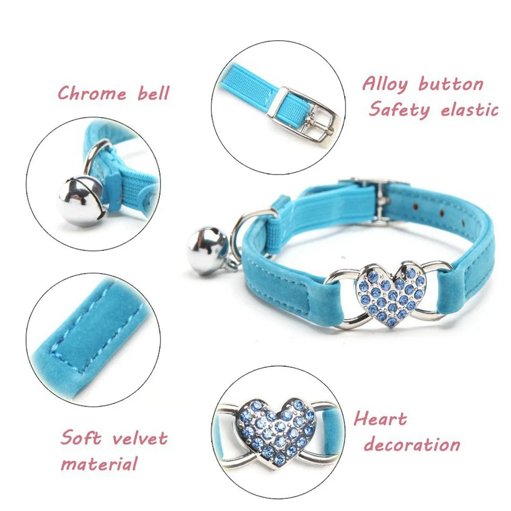 Soft Comfortable Plush Cat Collar Faux Diamond Heart Elastic Rubber Design with Bell Breakaway Safety Essential Pet Accessary