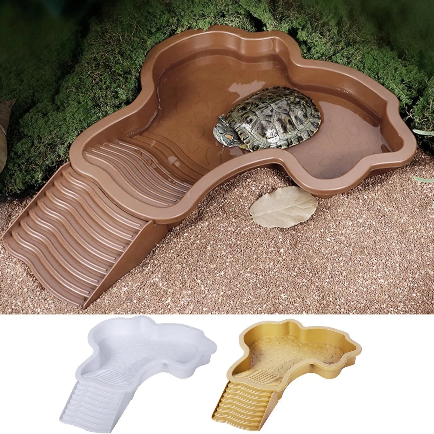 Reptile Bathing Pool with Ramp Turtle Soaking Tub Slip Proof Water Bowl for Tortoise Bearded Dragon Gecko Terrarium Decoration