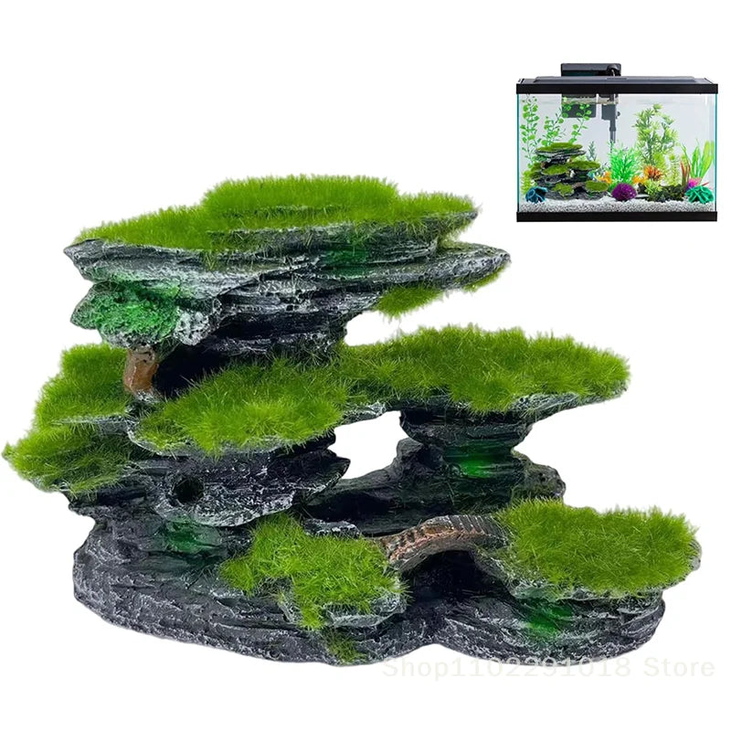 Aquarium Mountain View Stone,Aquarium View Stone, Mossed Aquarium Hideout, Submersible Resin Aquarium Decorations Large