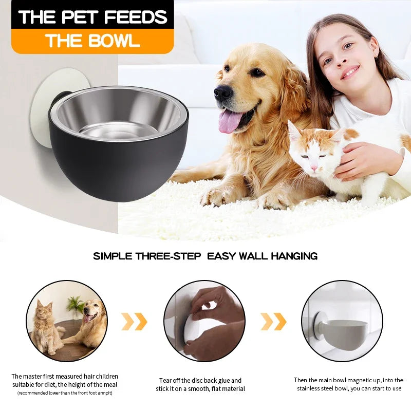 Stainless Steel Wall Mount Dog Bowl Anti Spill Magnetic Elevated Pet Food Bowl Fixed Mounted Cat Bowl Dishwasher Safe Hot Item