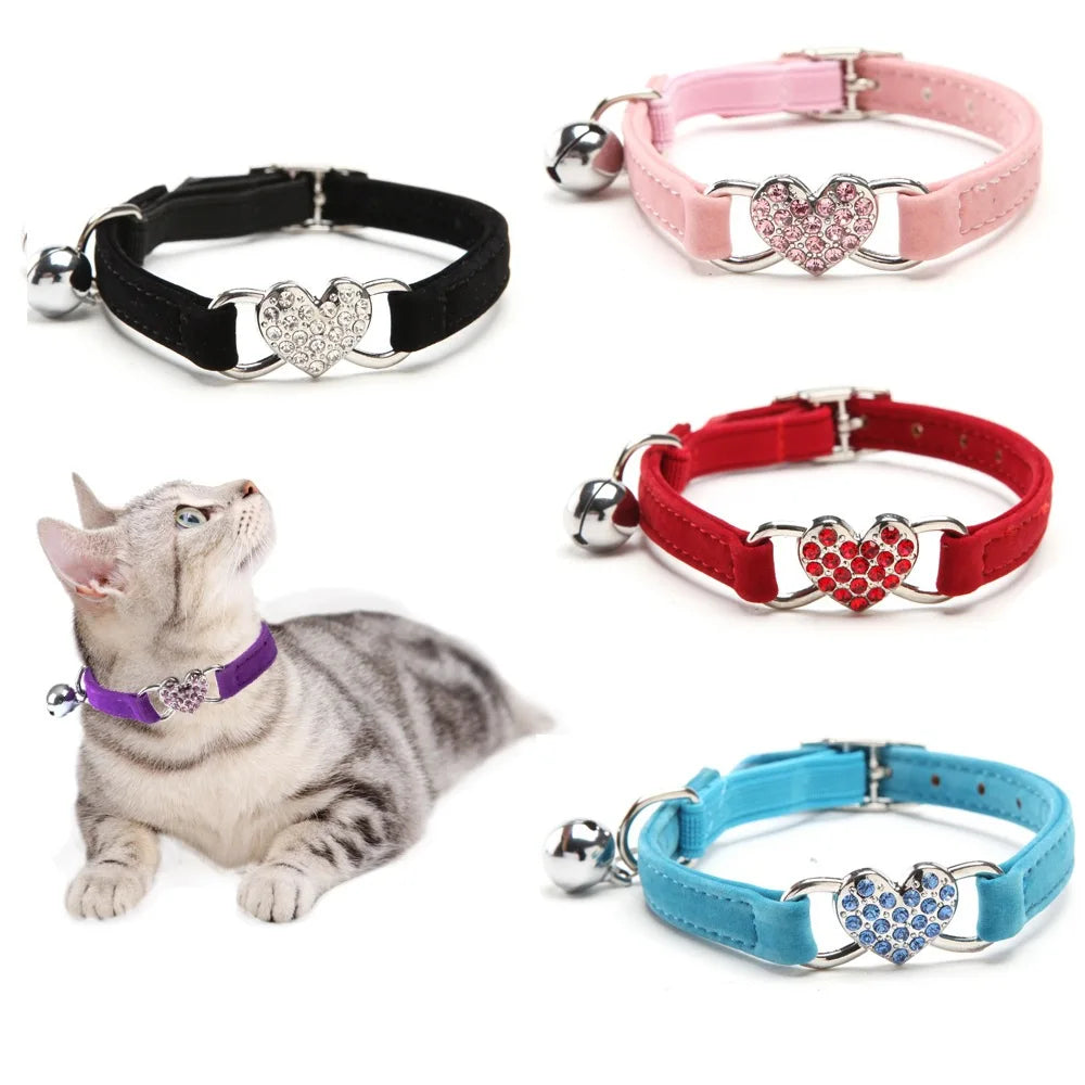 Soft Comfortable Plush Cat Collar Faux Diamond Heart Elastic Rubber Design with Bell Breakaway Safety Essential Pet Accessary