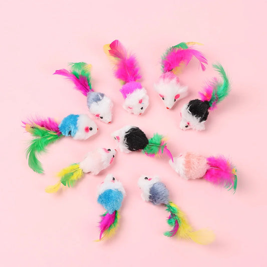 10 Pcs Plush Cat Mouse Toys Mice Rattle Set Interactive Pet Toy for Kittens Assorted Catnip Toys with Colorful Feather Tail