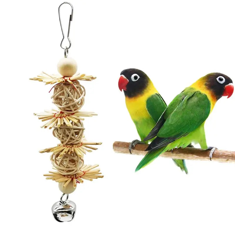 Moonbiffy Hanging Parrot Chew Toy With Bell Rattan Grass Cage Enrichment Colorful Fun
