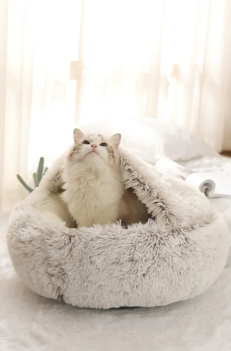 Soft Warm Long Plush Pet Bed Enclosed Round Cat Cushion Comfortable Sleep Bag Cat Nest Kennel for Small Pet Cat Nest