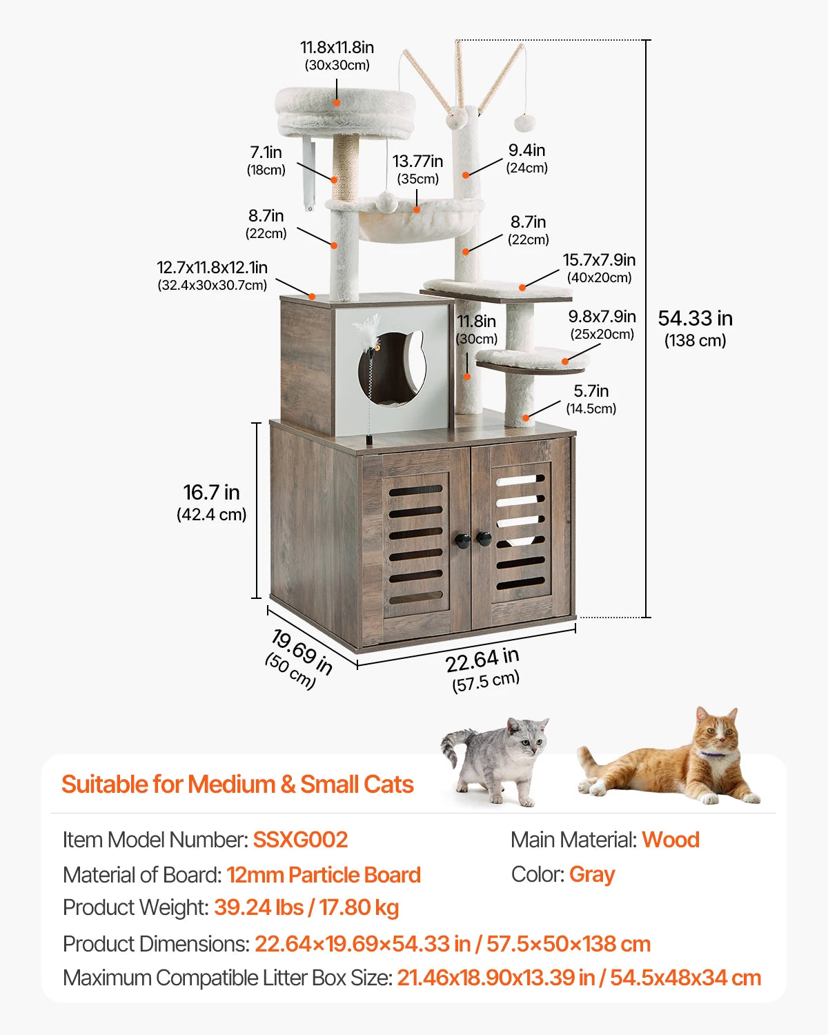VEVOR Large Cat Tree with Litter Box Enclosure Multi-level Cat Condo Furniture with Sisal Scratching Post Hammock for Indoor Cat