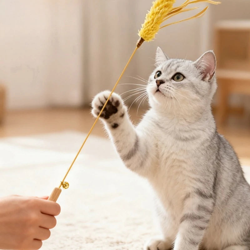 Cat Teaser Stick Toy Natural Bite Resistant Straw Bell Kitten Toy Pet Cat Teeth Cleaning Feather Teasing Stick Cat Accessories