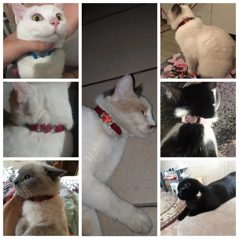 Soft Comfortable Plush Cat Collar Faux Diamond Heart Elastic Rubber Design with Bell Breakaway Safety Essential Pet Accessary