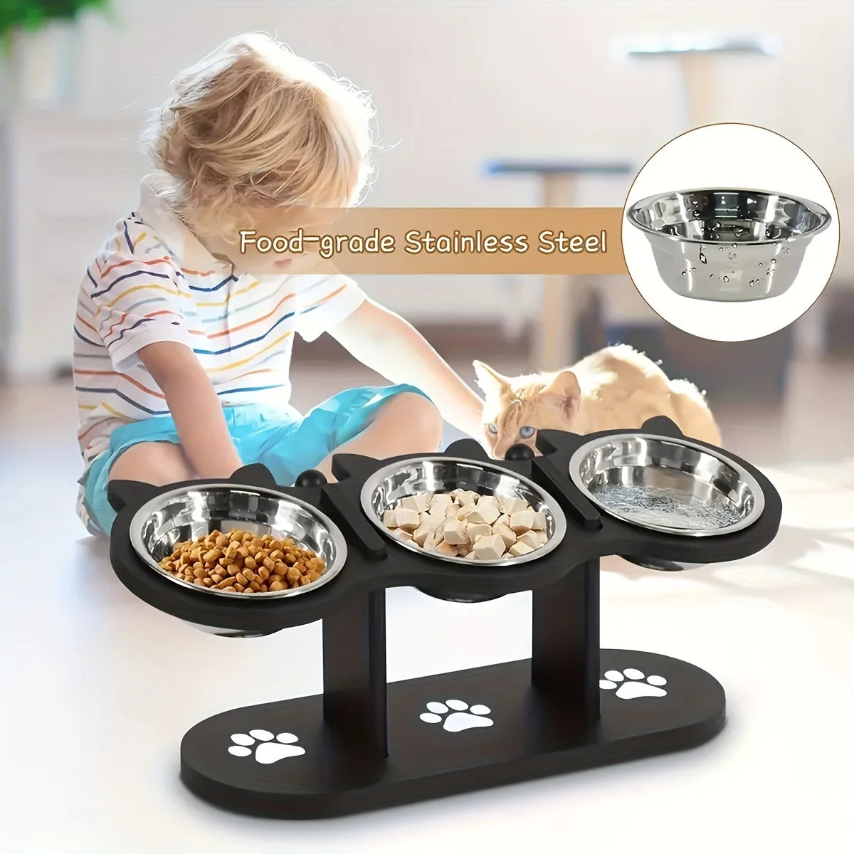 3 Bowls Wooden Elevated Cat Feeder Stand With 15 Angle Adjustable Stainless Steel Dog Feeder Water Bowls Pet Feeding Utensils