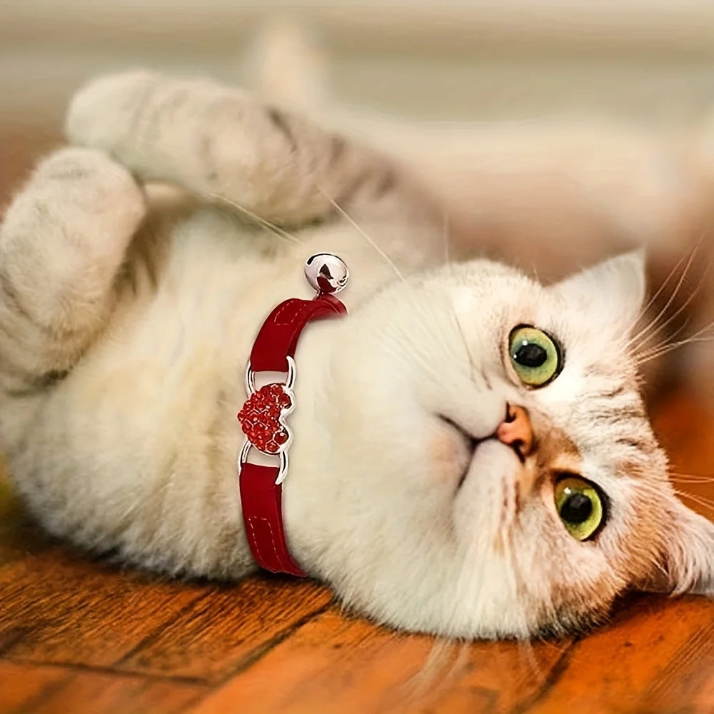 Soft Comfortable Plush Cat Collar Faux Diamond Heart Elastic Rubber Design with Bell Breakaway Safety Essential Pet Accessary