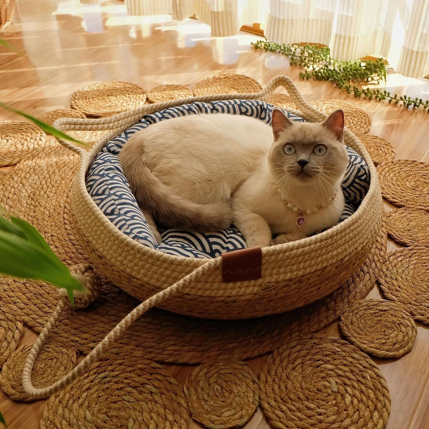Vine Woven Cat Bed Pet Bed All-weather Comfortable Sleep 35/40cm Cat Bed Circular Cat House Puppy Bed Home Pet Supplies