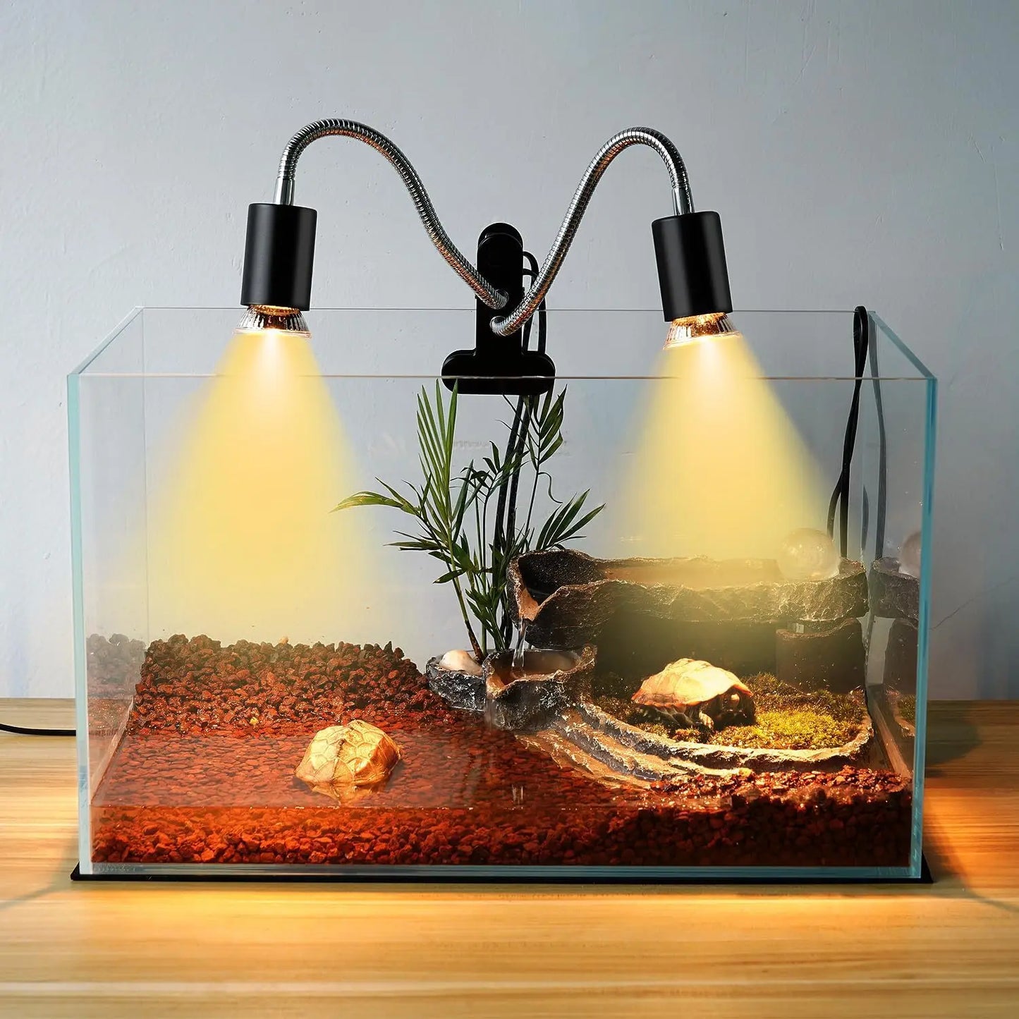 Reptile Heat Lamp Double-Head Heat Lamp with Clamp UVA UVB Reptile Light with Intelligent Cycle Timer with 2 Bulbs 25W+50W