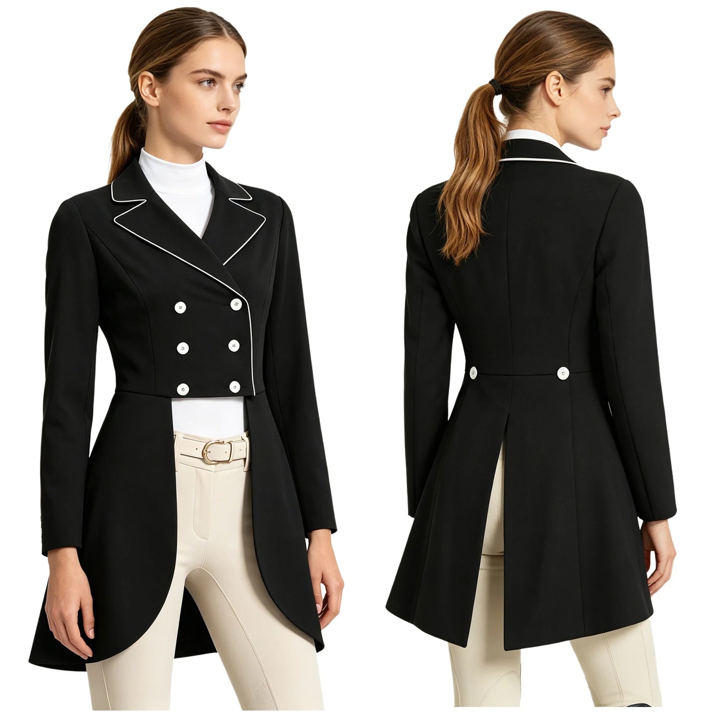 Womens Equestrian Dressage Jacket with Flared Skirt And White Piping Outerwear Long Sleeve Double-breasted Horse Riding Tailcoat