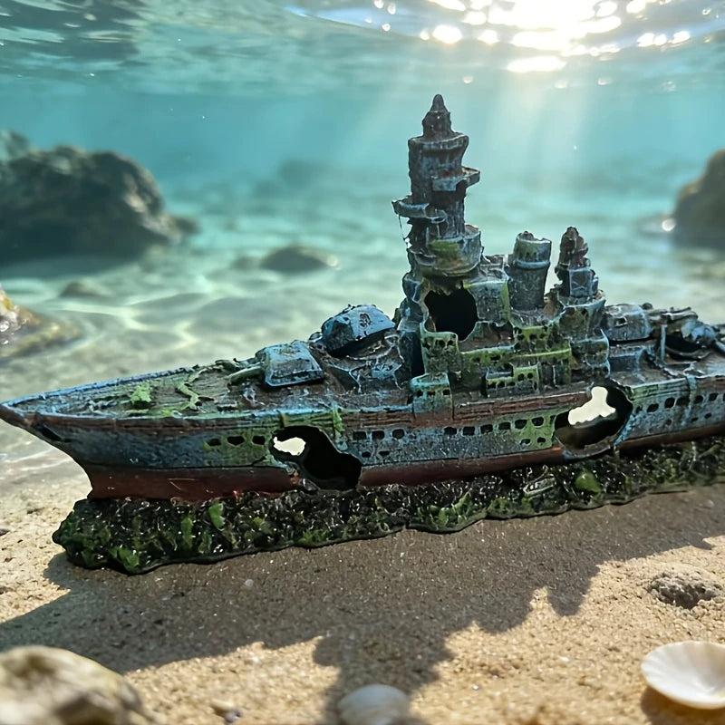 Aquarium Decoration Shipwreck Landscape with Textured Rock Design - Fish Habitat, Solid Structure Suitable for Aquatic Pets