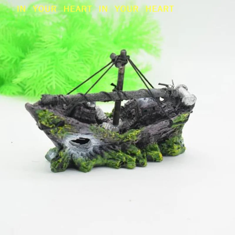 【X】Aquarium Ornament Wreck Sunk Ship Sailing Boat Destroyer Fish Tank Cave Decor