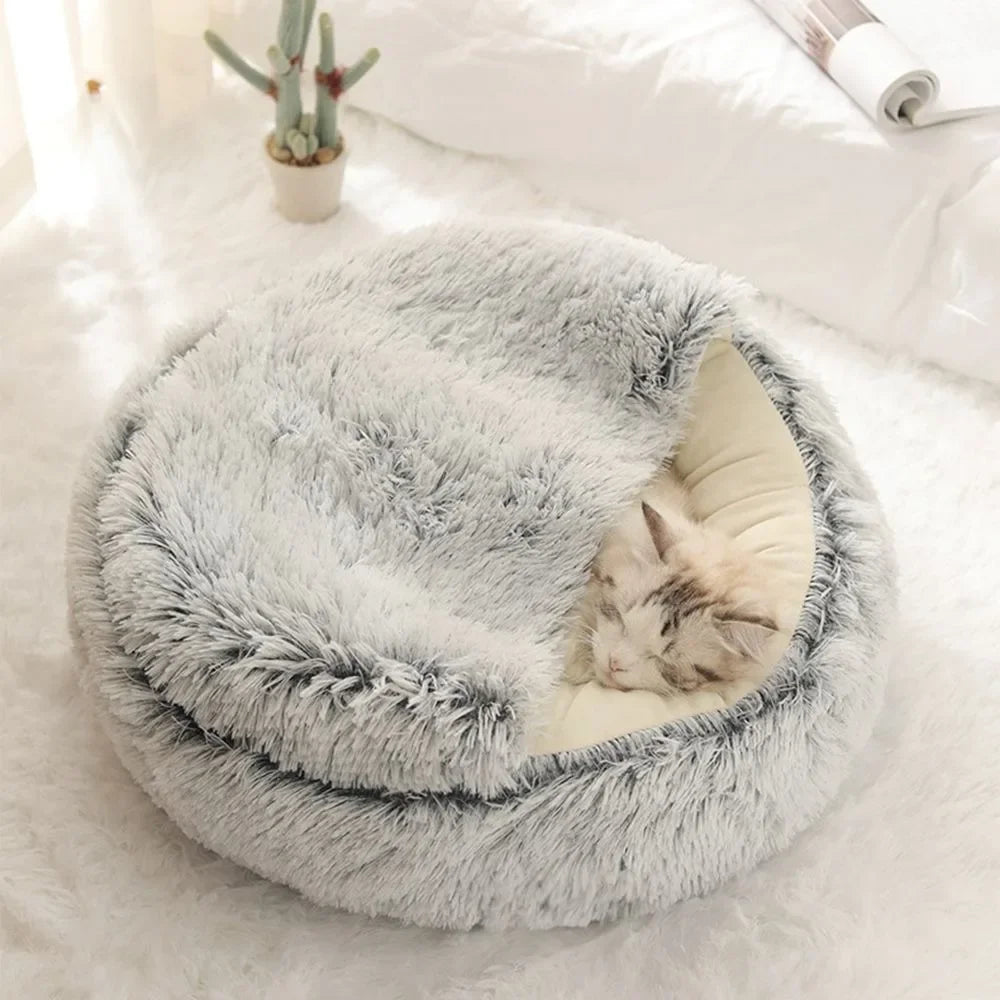 Soft Warm Long Plush Pet Bed Enclosed Round Cat Cushion Comfortable Sleep Bag Cat Nest Kennel for Small Pet Cat Nest