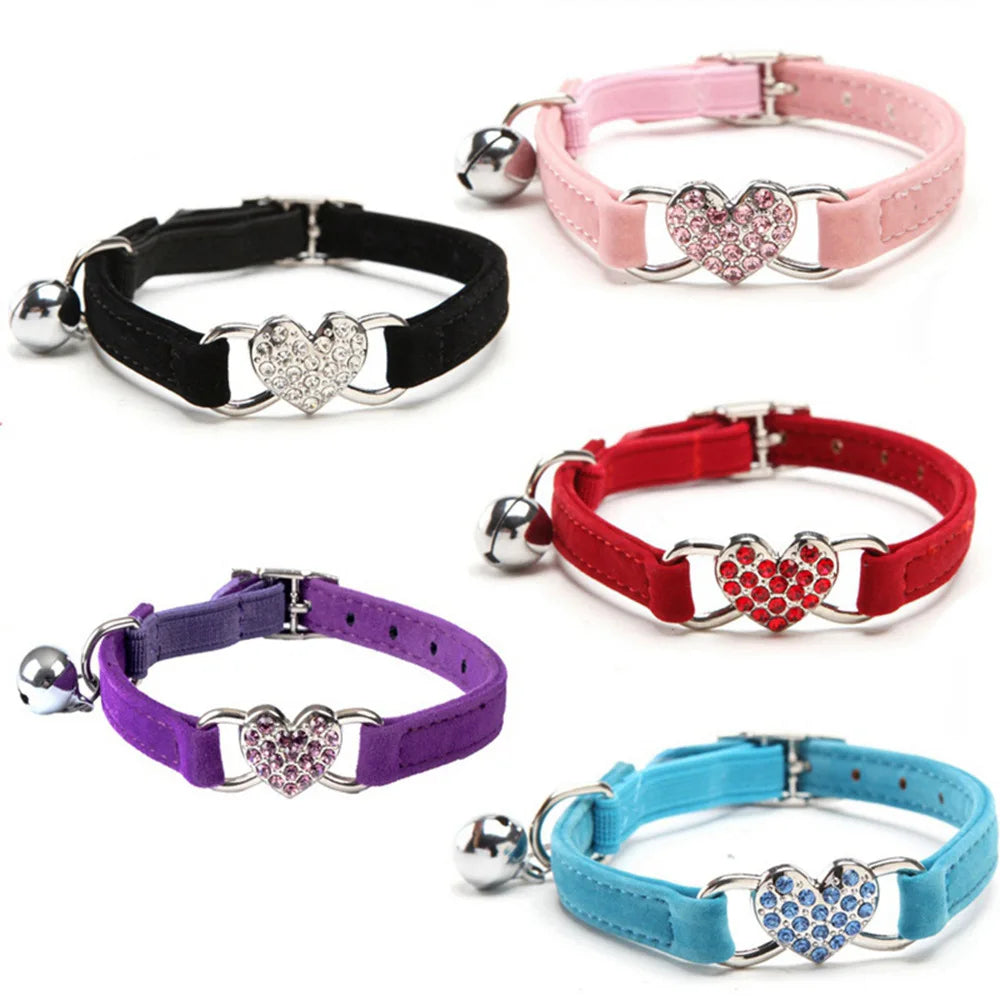 Soft Comfortable Plush Cat Collar Faux Diamond Heart Elastic Rubber Design with Bell Breakaway Safety Essential Pet Accessary