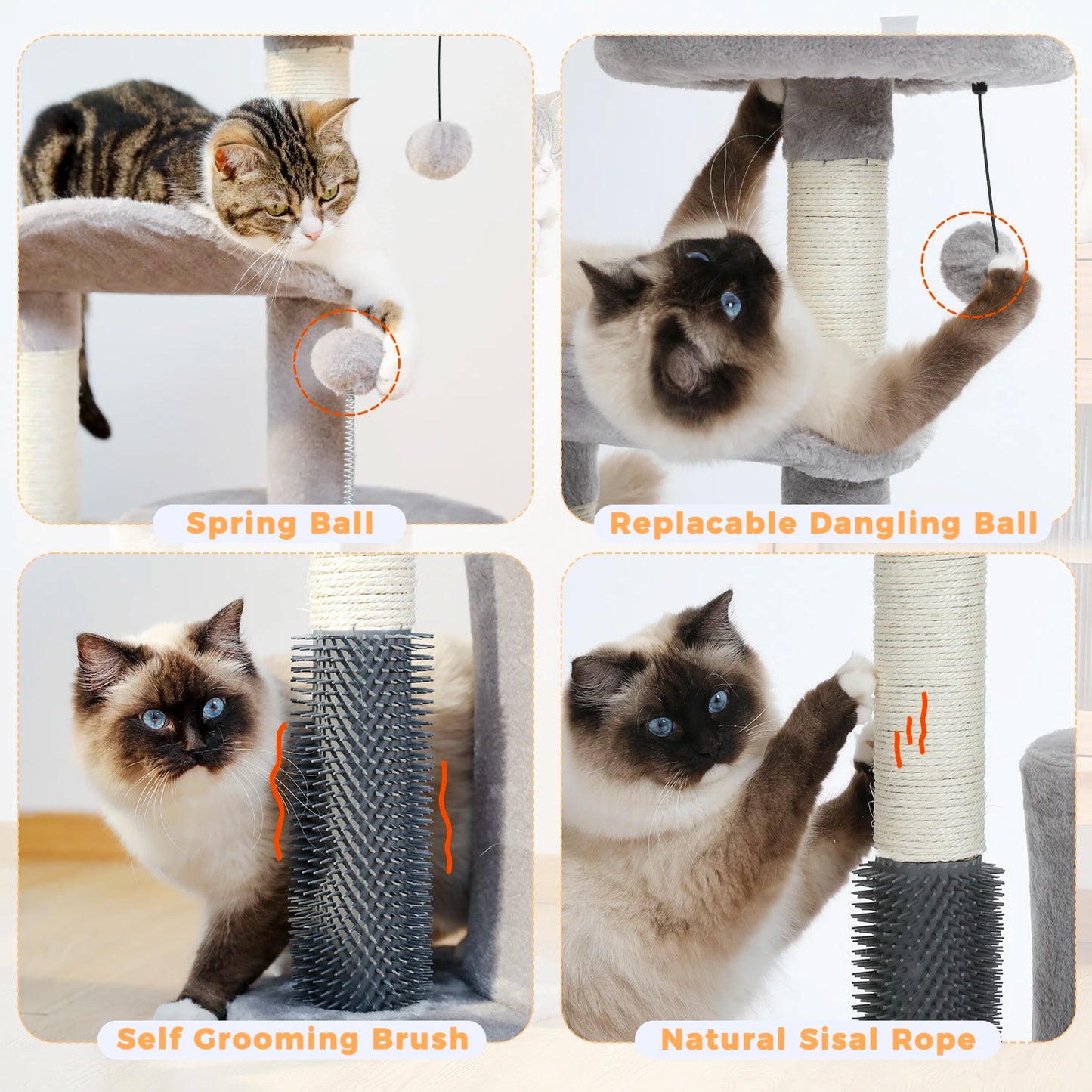 Small Cat Tree for Indoor Cats, Medium Cat Tower with Interactive Cat Toy, 32.7" Cat Condo with Self Groomer Brush