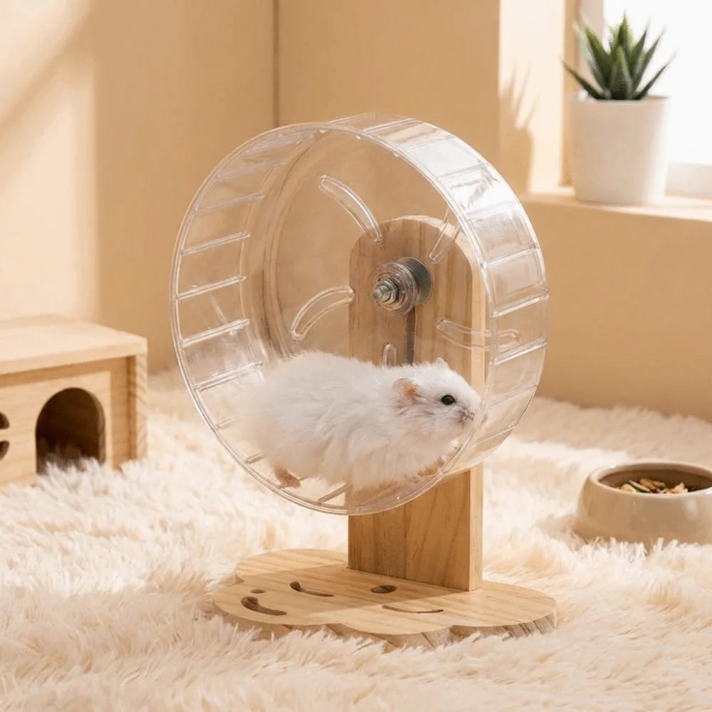 Transparent Hamster Exercise Wheel Adjustable Height Sturdy Silent Running Wheel Thickened Wooden Stand Pet Exercise Toy