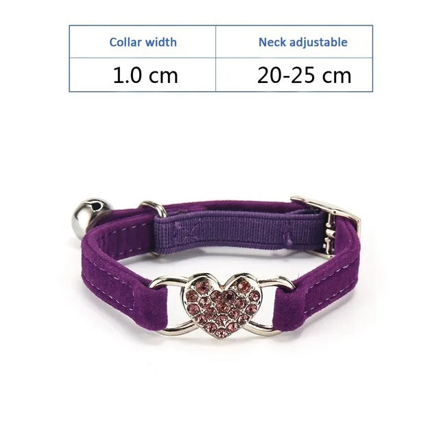 Soft Comfortable Plush Cat Collar Faux Diamond Heart Elastic Rubber Design with Bell Breakaway Safety Essential Pet Accessary