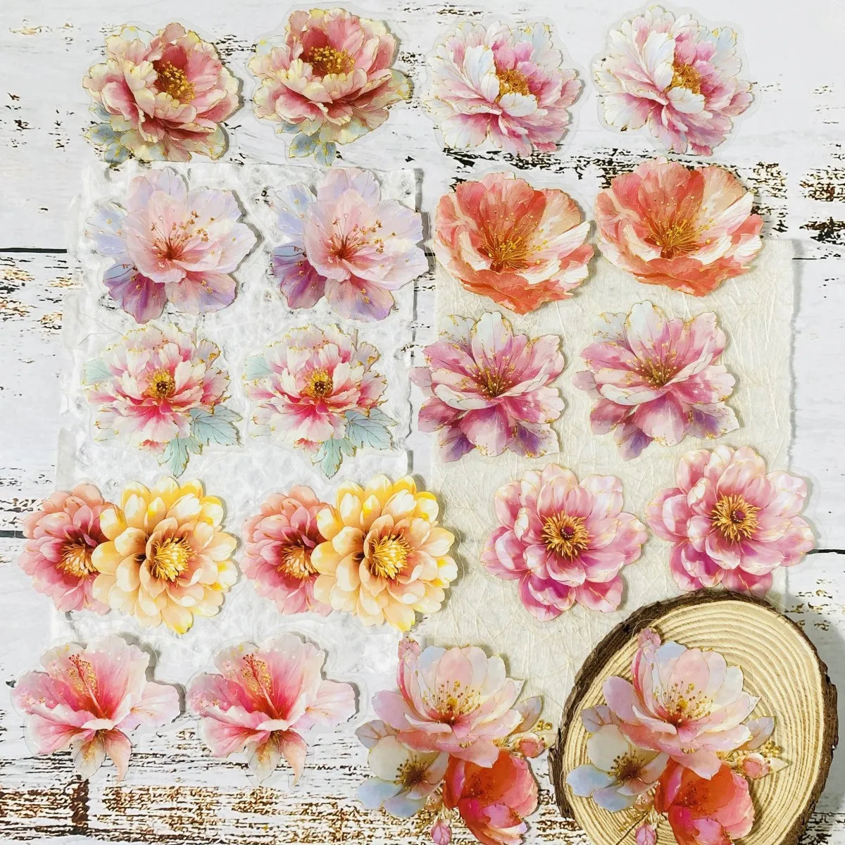 20pcs Flower Stickers for Scrapbooking, DIY Craft Materials, Pre-Cut Transparent PET Material Junk Journal Stickers