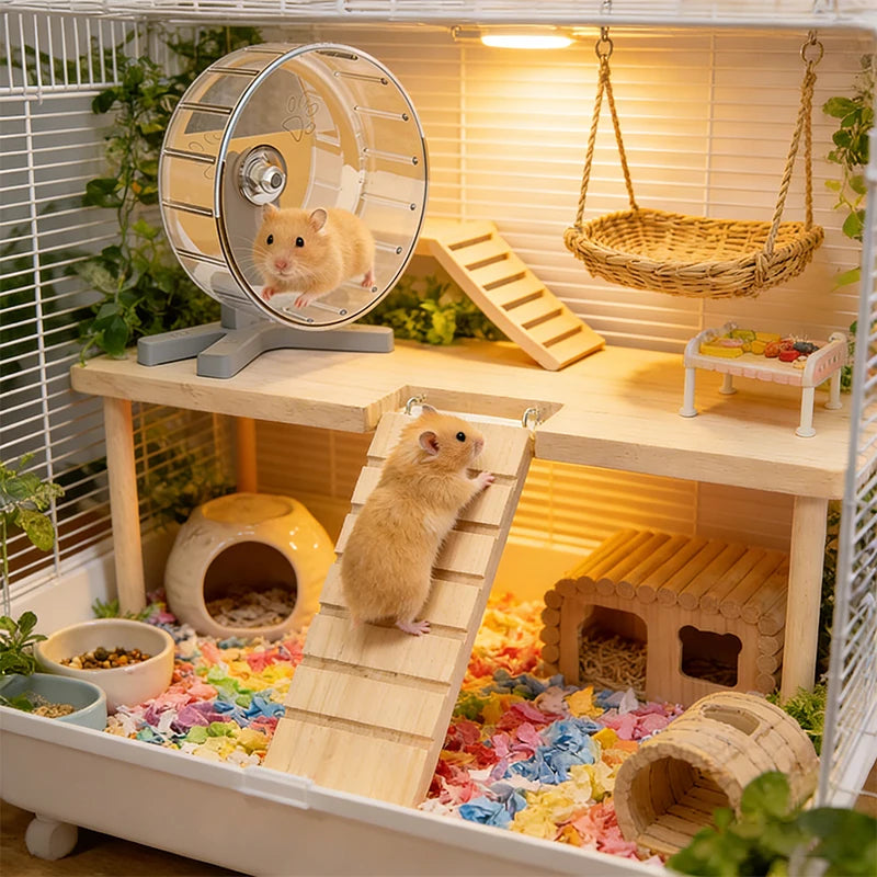 L-shaped Wooden Hamster Platform 2-Tier With Stairs Thickened Climbing Hideout Boredom Relief Small Pet Cage Habitat Decor