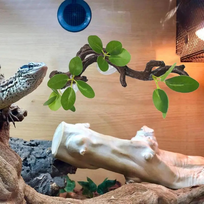 Reptile Climbing Branch Suction Tree Branch with Leaves Gecko Terrarium Decoration Snake Enclosure Decor Lizard Habitat Decor